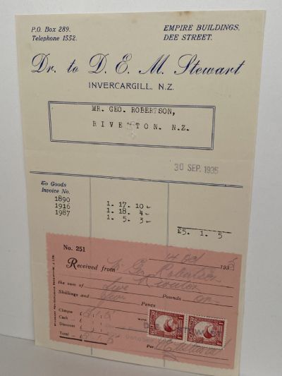 VINTAGE INVOICE: D.E.M. Stewart, Invercargill 1935