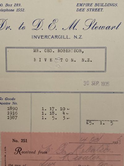 VINTAGE INVOICE: D.E.M. Stewart, Invercargill 1935 