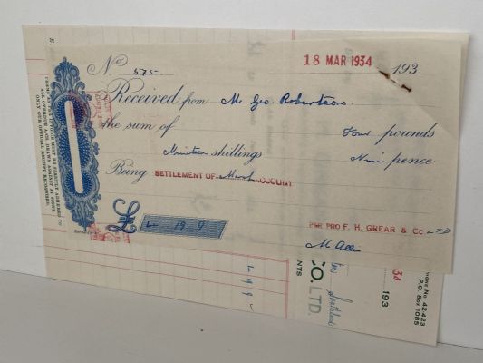 VINTAGE INVOICE: F. H. Grear & Co.Ltd, Wellington – Indentors & Agents 1934