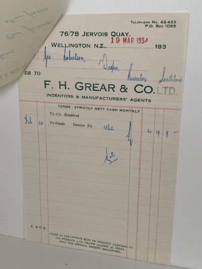 VINTAGE INVOICE: F. H. Grear & Co.Ltd, Wellington – Indentors & Agents 1934