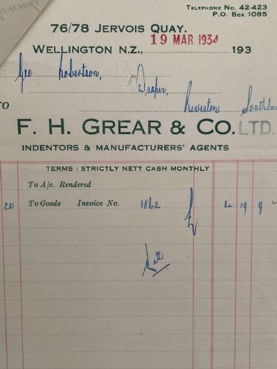 VINTAGE INVOICE: F. H. Grear & Co.Ltd, Wellington – Indentors & Agents 1934 
