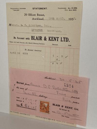 VINTAGE INVOICE: Blair & Kent Ltd, Auckland 1935