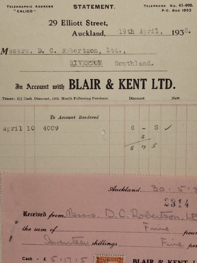 VINTAGE INVOICE: Blair & Kent Ltd, Auckland 1935 