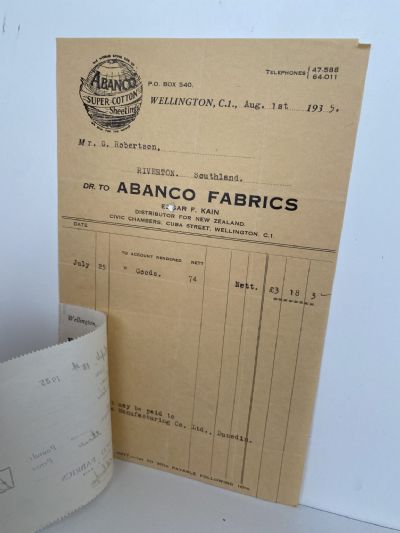 VINTAGE INVOICE: Abanco Fabrics, Wellington 1935