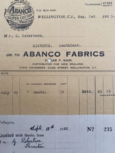 VINTAGE INVOICE: Abanco Fabrics, Wellington 1935 