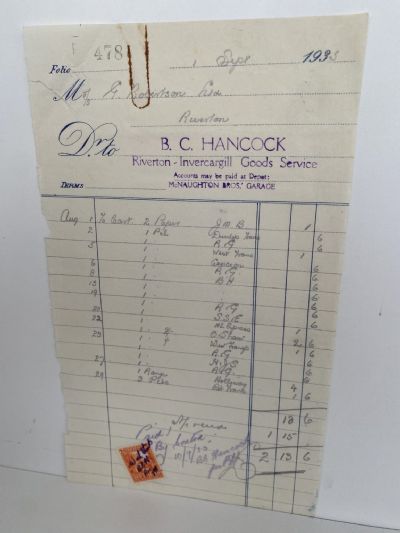VINTAGE INVOICE: B.C. Hancock, Riverton - Invercargill Goods Service 1935