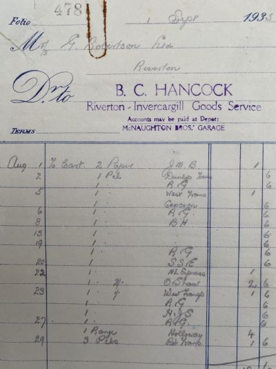 VINTAGE INVOICE: B.C. Hancock, Riverton - Invercargill Goods Service 1935 