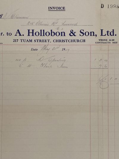 VINTAGE INVOICE: A. Hollobon & Son Ltd, Christchurch 1949 