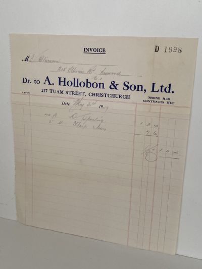 VINTAGE INVOICE: A. Hollobon & Son Ltd, Christchurch 1949
