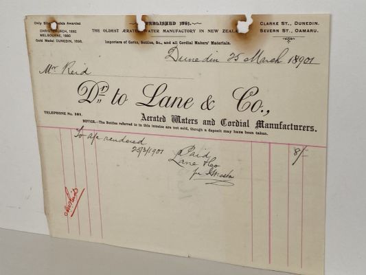 ANTIQUE INVOICE: Lane & Co, Dunedin – Aerated Water & Cordial Manufacturers 1901