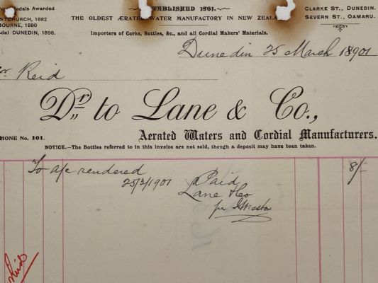 ANTIQUE INVOICE: Lane & Co, Dunedin – Aerated Water & Cordial Manufacturers 1901 