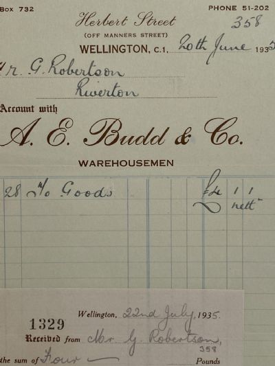 VINTAGE INVOICE: A. E. Budd & Co, Wellington - Warehousemen 1935 