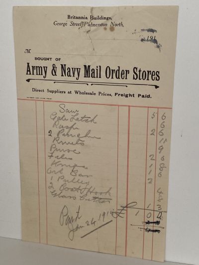 ANTIQUE INVOICE: Army & Navy Mail Order Stores, Palmerston North 1915