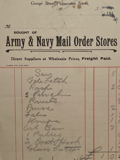 ANTIQUE INVOICE: Army & Navy Mail Order Stores, Palmerston North 1915 