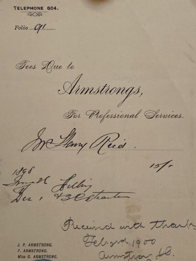 ANTIQUE INVOICE: Armstrongs, Dunedin – Professional Services 1900 