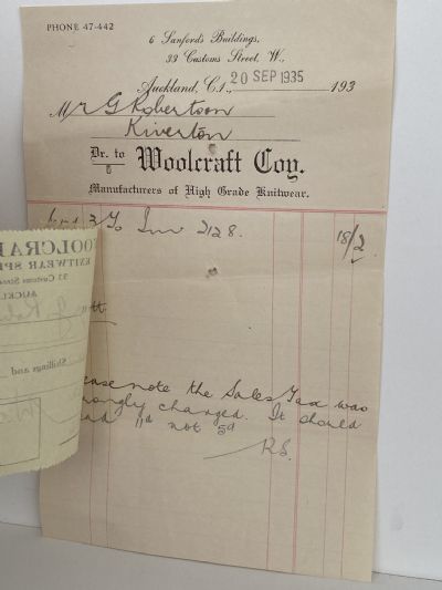 VINTAGE INVOICE: Woolcraft Company, Auckland - High Grade Knitwear 1935