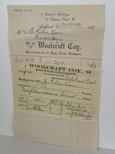 VINTAGE INVOICE: Woolcraft Company, Auckland - High Grade Knitwear 1935
