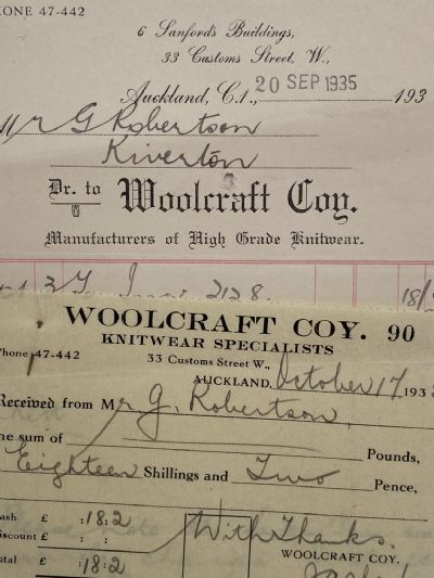 VINTAGE INVOICE: Woolcraft Company, Auckland - High Grade Knitwear 1935 