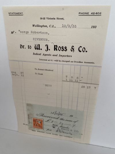 VINTAGE INVOICE: W. J. Ross & Co, Wellington – Agents & Importers 1935