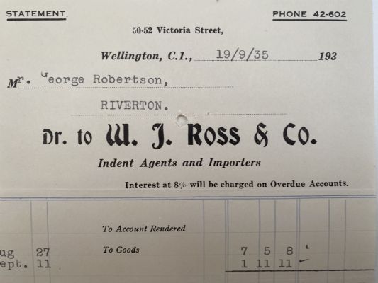 VINTAGE INVOICE: W. J. Ross & Co, Wellington – Agents & Importers 1935 