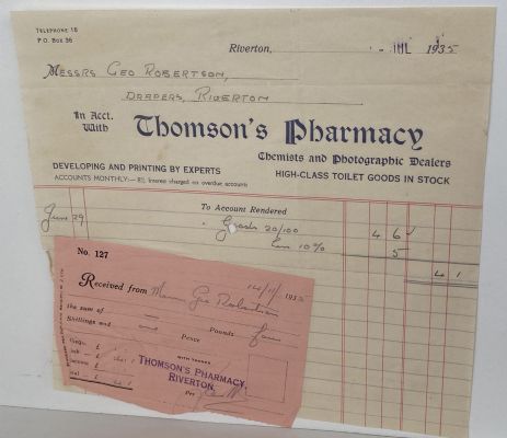 VINTAGE INVOICE: Thomsons Pharmacy, Riverton – Chemists 1935