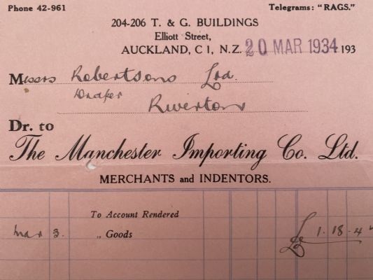 VINTAGE INVOICE: The Manchester Importing Co. Ltd, Auckland 1934 