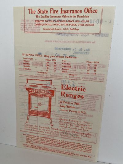 VINTAGE INVOICE: The Southland Electric Power Board, Invercargill and Gore 1934