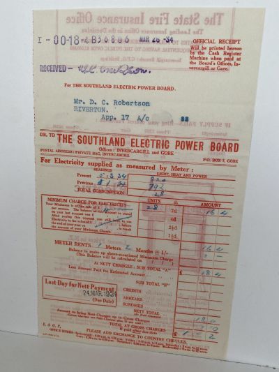 VINTAGE INVOICE: The Southland Electric Power Board, Invercargill and Gore 1934