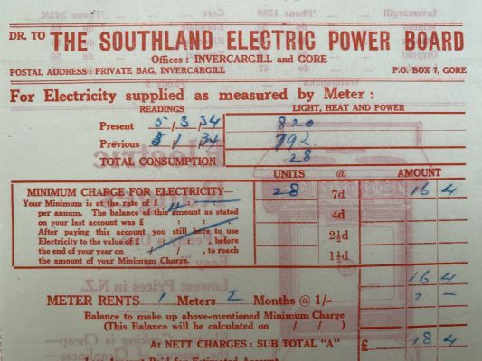 VINTAGE INVOICE: The Southland Electric Power Board, Invercargill and Gore 1934 