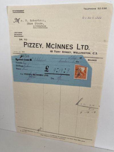 VINTAGE INVOICE: Pizzey, McInnes Ltd. Wellington – Leathers, Machinery 1935