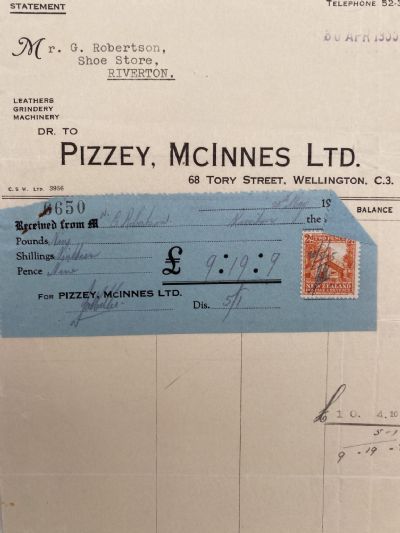 VINTAGE INVOICE: Pizzey, McInnes Ltd. Wellington – Leathers, Machinery 1935 