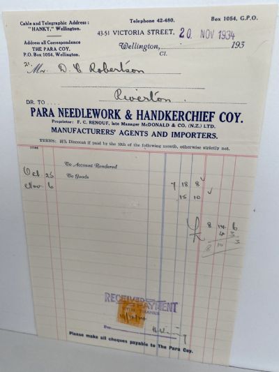 VINTAGE INVOICE: Para Needlework & Handkerchief Company, Wellington 1934