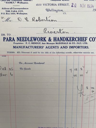 VINTAGE INVOICE: Para Needlework & Handkerchief Company, Wellington 1934 
