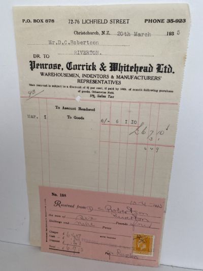 VINTAGE INVOICE: Penrose, Corrick & Whitehead Ltd. Christchurch 1935