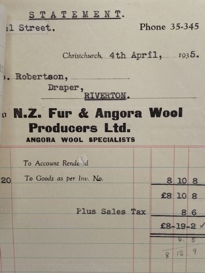 VINTAGE INVOICE: N.Z. Fur & Angora Wool Producers Ltd, Christchurch 1935 