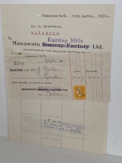 VINTAGE INVOICE: Manawatu Knitting Mills Ltd - Palmerston North 1934