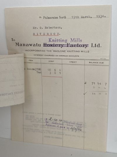 VINTAGE INVOICE: Manawatu Knitting Mills Ltd - Palmerston North 1934