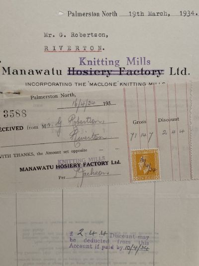 VINTAGE INVOICE: Manawatu Knitting Mills Ltd - Palmerston North 1934 