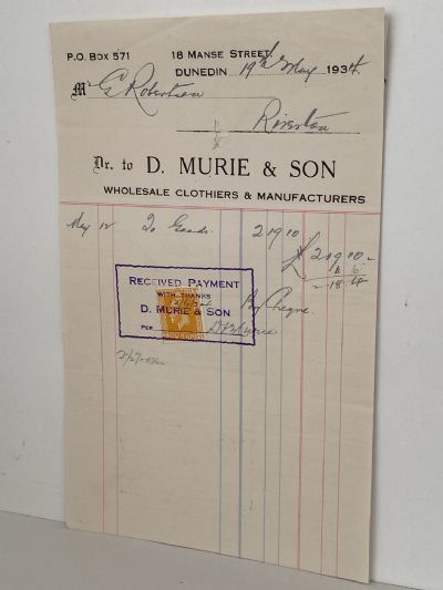 VINTAGE INVOICE: D. Murie & Son, Dunedin – Wholesale Clothiers 1934