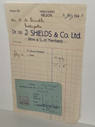 VINTAGE INVOICE: J. Shields & Co. Ltd, Nelson – Wine Merchants 1943