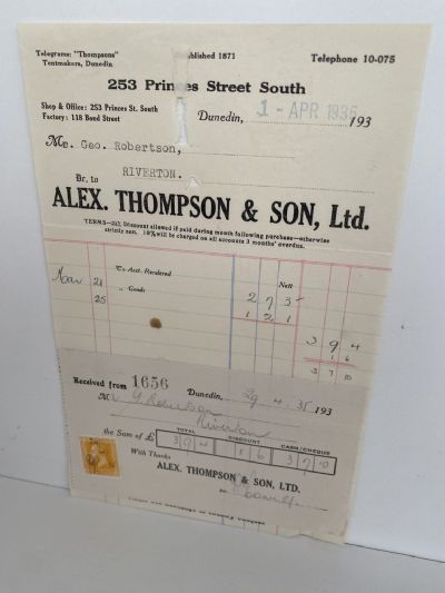 VINTAGE INVOICE: Alex Thompson & Son, Ltd. Dunedin 1935