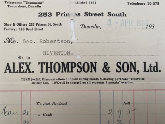 VINTAGE INVOICE: Alex Thompson & Son, Ltd. Dunedin 1935 