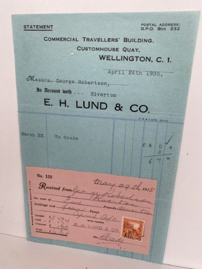 VINTAGE INVOICE / RECEIPT: E.H. Lund & Co. Wellington 1935