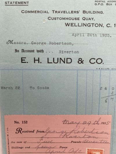 VINTAGE INVOICE / RECEIPT: E.H. Lund & Co. Wellington 1935 