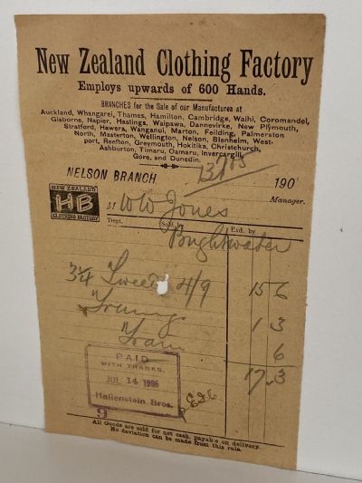 ANTIQUE INVOICE: New Zealand Brothers Clothing Factory, Nelson 1906