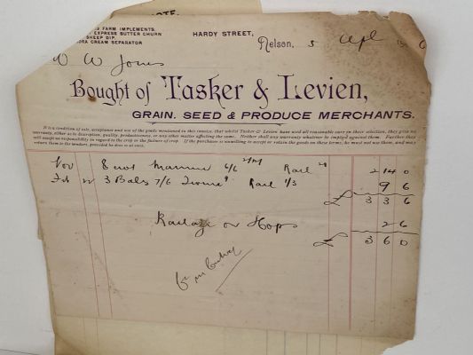ANTIQUE INVOICE / RECEIPTS: Tasker & Levien, Nelson – Grain, Seed & Produce 1906