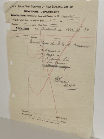VINTAGE RECEIPT: Union Steamship Company of New Zealand - R.M.S. Marama 1932