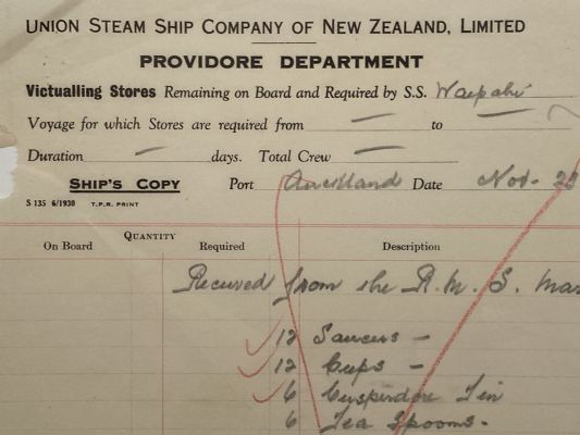 VINTAGE RECEIPT: Union Steamship Company of New Zealand - R.M.S. Marama 1932 