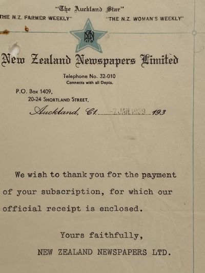 VINTAGE RECEIPT: New Zealand Newspapers Limited, Auckland 1939 