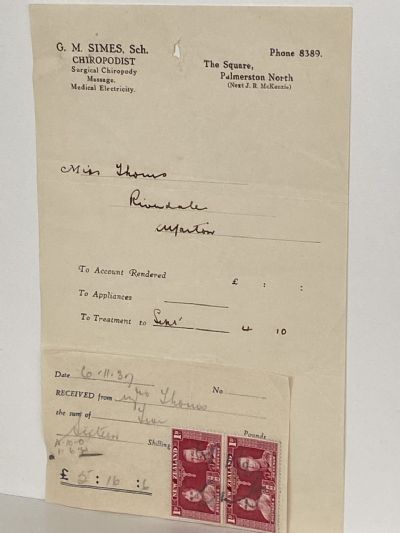 VINTAGE INVOICE: G.M. Simes Sch. Palmerston North - Chiropodist 1937